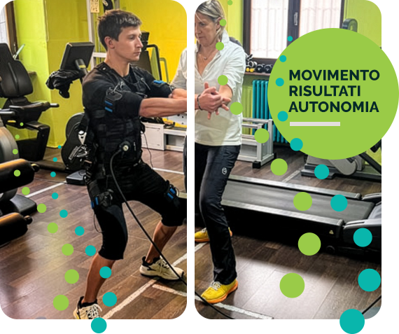 Medical EMS Marisa che assiste una persona nell'utilizzo del Bodytec. Scritta: movimento, risultati, autonomia.
