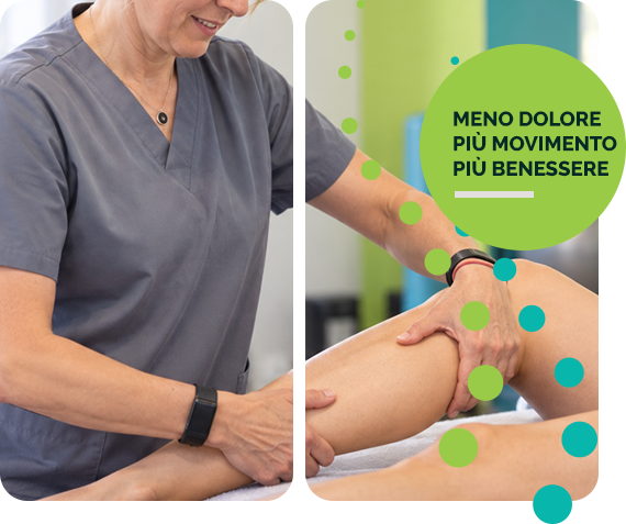 Trattamenti di fisioterapia e riabilitazione Marisa che massaggia la gamba di un paziente. Scritta: meno dolore, più movimento, più benessere.