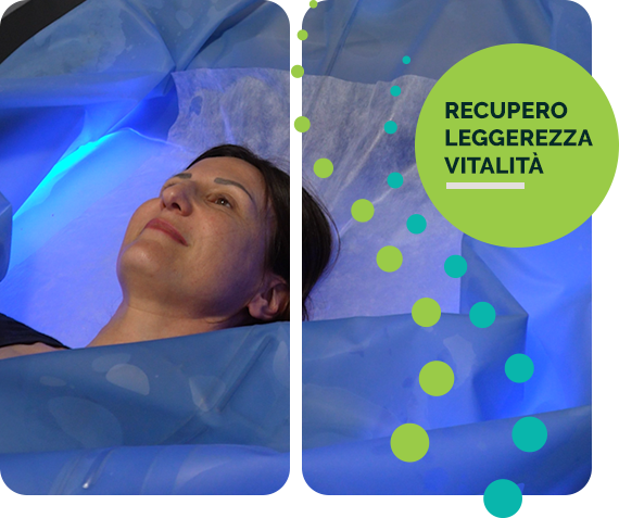Trattamento crioterapia total body Il primo piano di una donna rilassata durante il trattamento con zero Body Cryo. Scritta: recupero, leggerezza, vitalità.