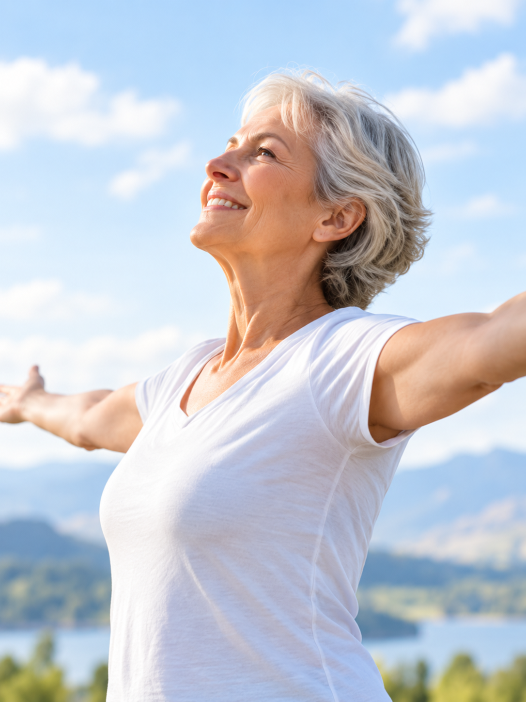 Osteoporosi: movimento e prevenzione (Img AI generated) Una donna non più giovane ma in forma che apre le braccia e inspira all'aria aperta