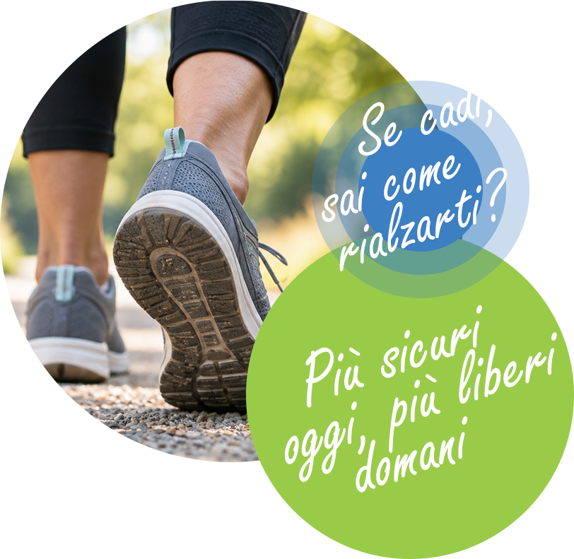 Prevenzione delle cadute Piedi in cammino con scarpe sportive - Testo: se cadi sai come rialzarti? Più sicuri oggi, più liberi domani.