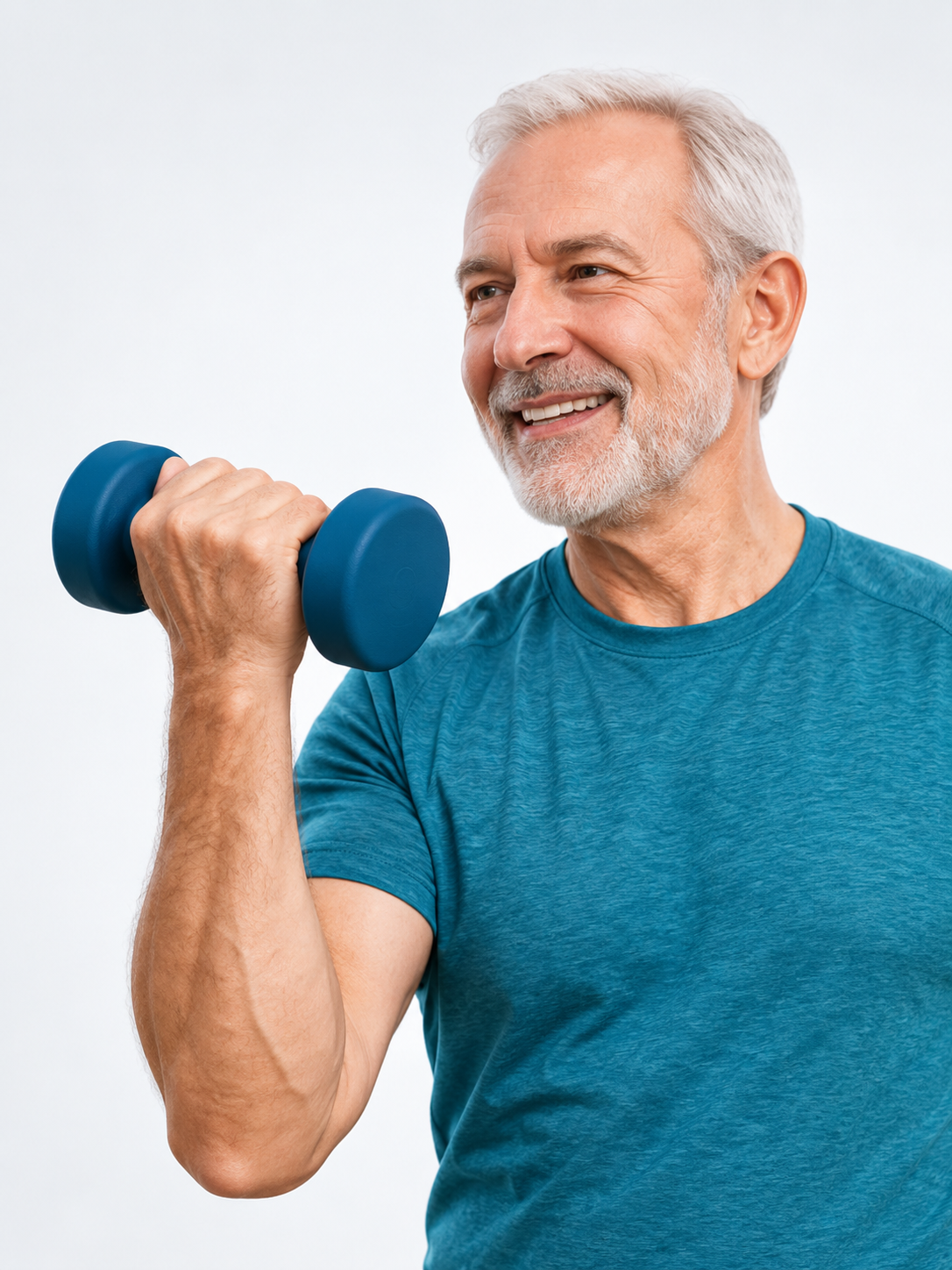 Sarcopenia: movimento e prevenzione (Img AI generated) Un uomo non più giovane ma in forma che allena il braccio con un peso